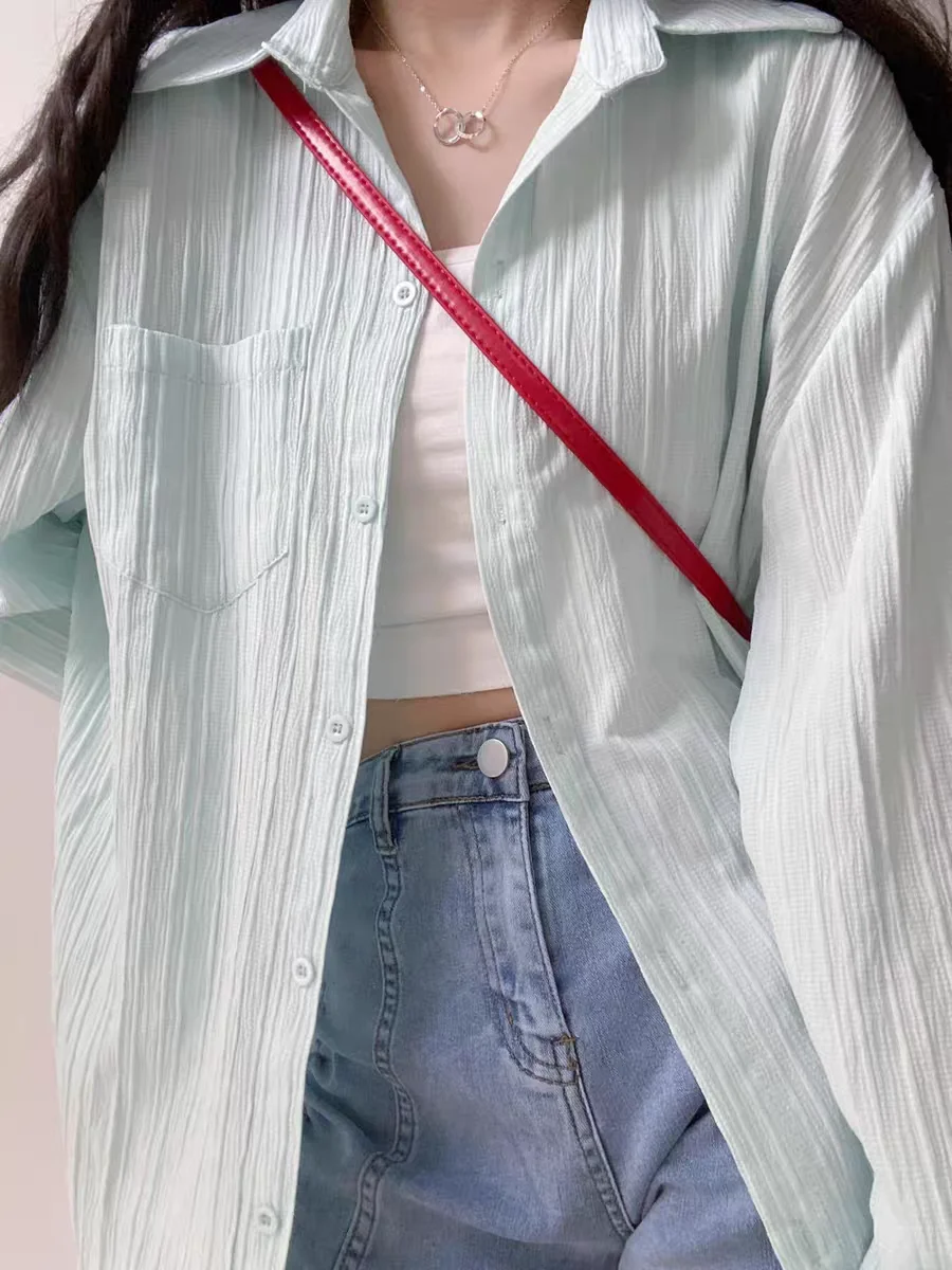 Casual Pleated Shirt For Women Summer Sun-protective Long Sleeve Solid Color Button Up shirts Simple Ladies Daily Tops Fashion