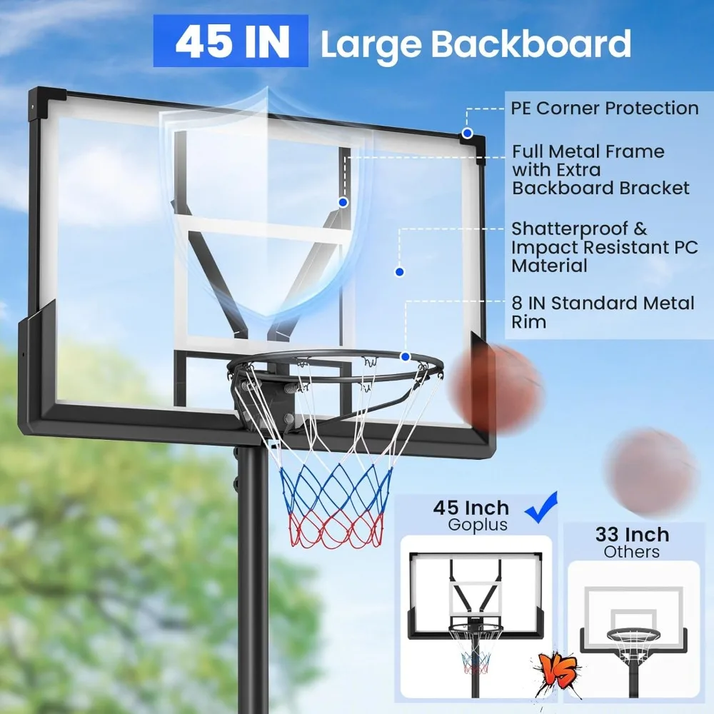 Höhenverstellbares Basketball-Torksystem für den Außenbereich, 4,1–10 FT, bruchsichere 45-Zoll-PC-Rückwand, Rad für verbessertes Gameplay