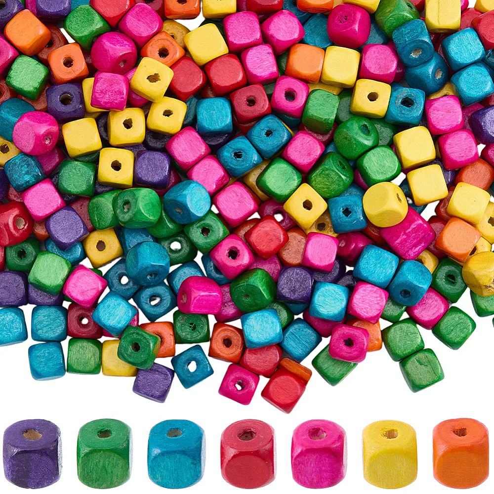 300Pcs Random Colorful Cube Wooden Beads 10mm/0.4In Square Wood Beads with 3.5mm Hole Cube Craft Spacers