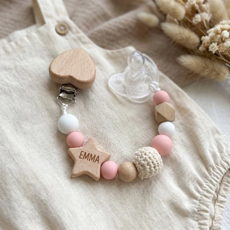 Personalized Baby Pacifier Clip Chain Custom Name Silicone Wooden Teether Holder BPA Free Soother Dummy Clips Baby Shower Gift view 3