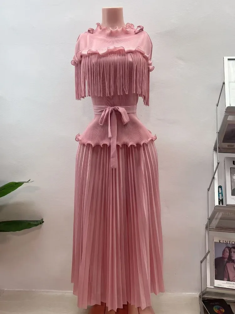 Miyake Fungus Edge Pleated Long Suit Fringed Waist Top Spring and Summer New Light Luxury Women's Two-piece Set