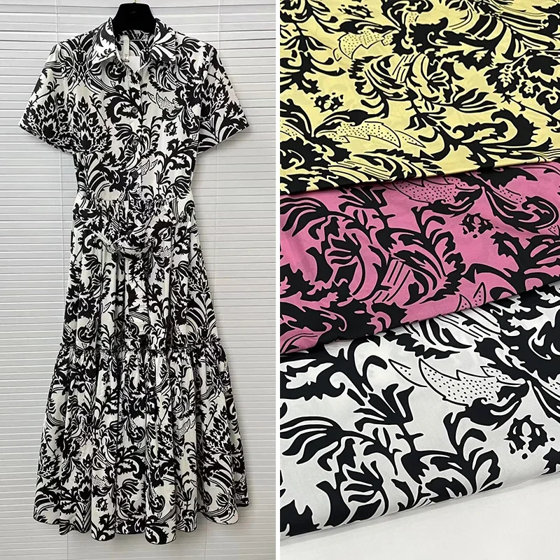 Fashion Brand Pure Cotton Printed Fabric Women's Dress Ink Plant Europe and The United States Sewing Textile Designer Cloth