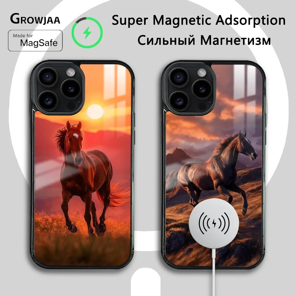 

Animal Sunset Horse Phone Case For iPhone 15 14 13 12 11 Pro Max Plus Mini Mirror Wireless Magnetic Cover