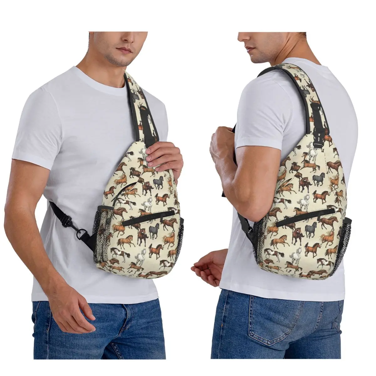 Sunset Horse Pattern Chest Bag Men Sling Crossbody Backpack Chest Bag Travel Hiking Daypack Shoulder Bag