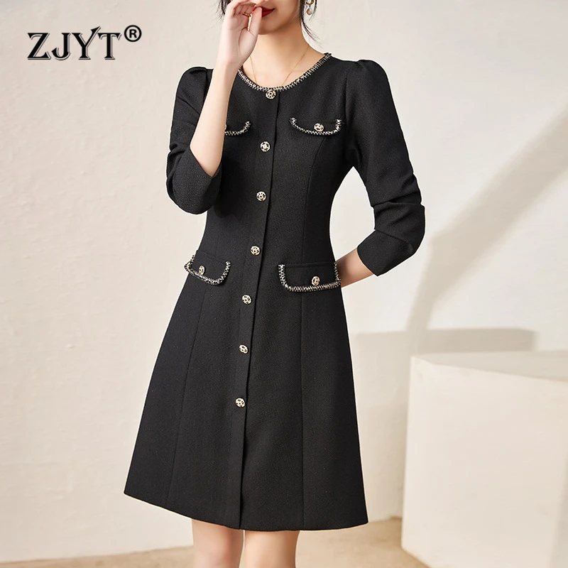 

ZJYT Elegant Ladies Beading Brief Dresses Autumn Woman Clothes 2024 Fashion Long Sleeve Buttons Office Dress Casual Daily Robe