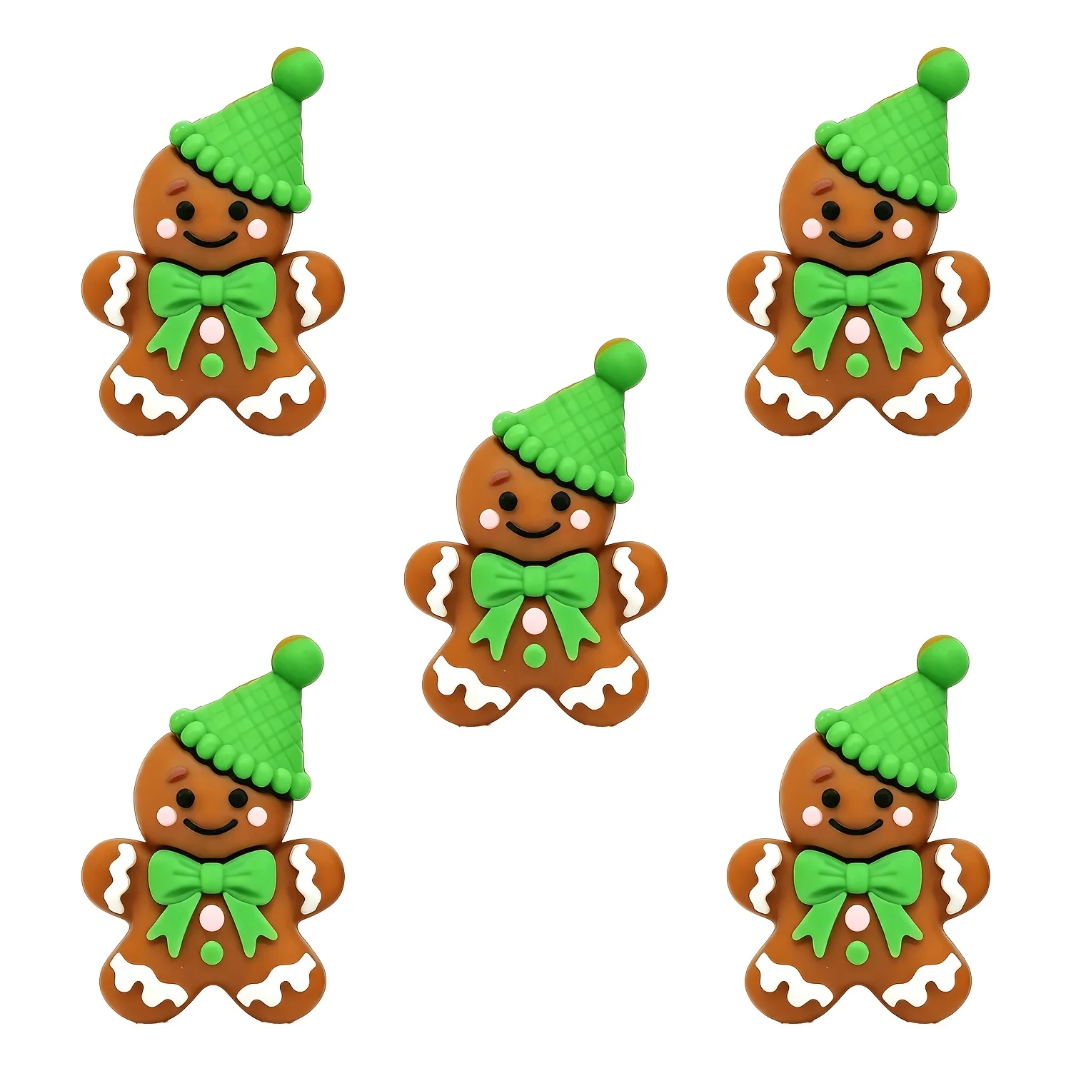 5Pcs 3D Christmas Cartoon Silicone Focus Beads,Brown Green White,with Party Hat&Bow,for DIY Bracelet Necklace Beaded Pen