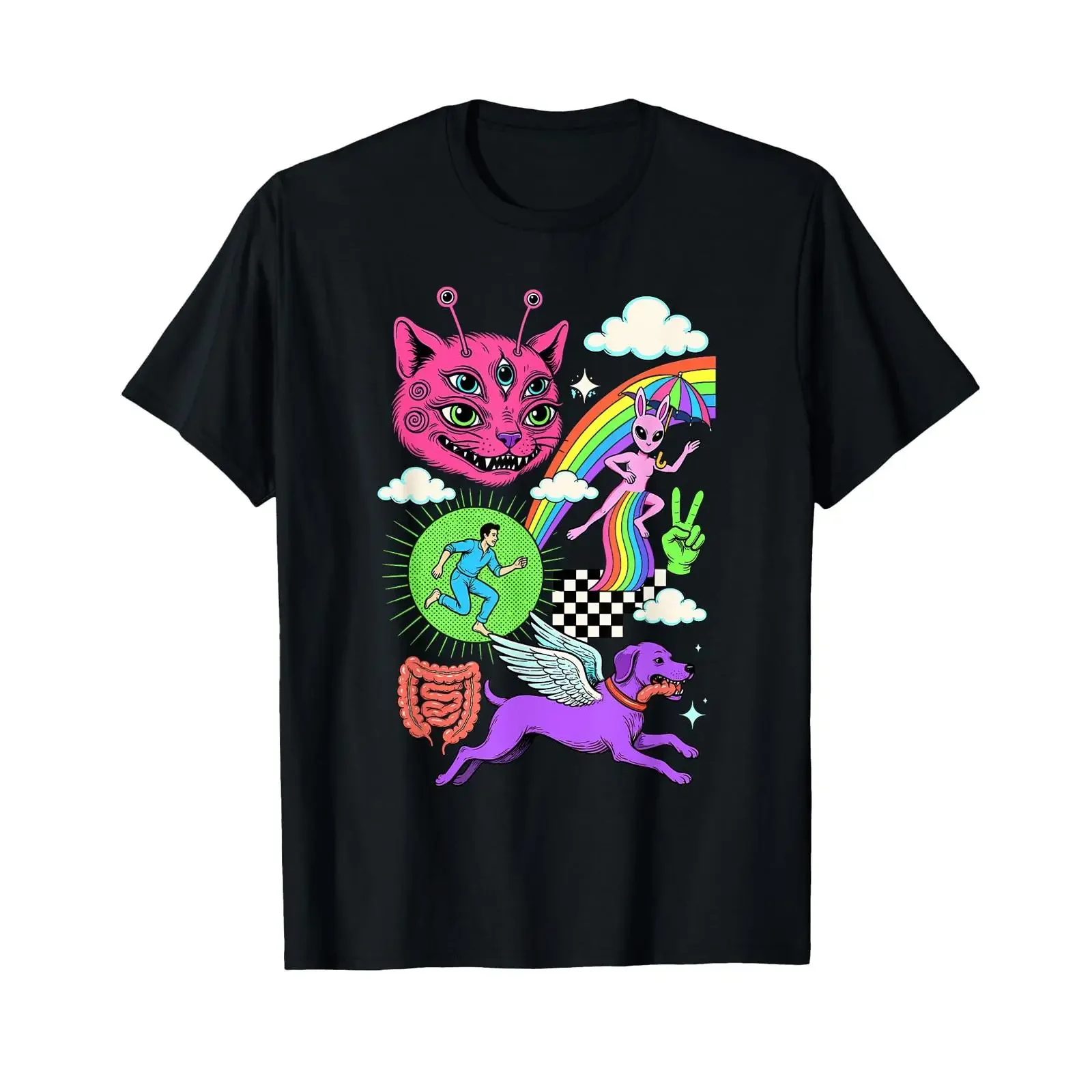 Weirdcore Cat Eyes Glitch Art Surreal Checkered Floor Trippy T Shirt vintage Washed designer clothes Unisex streetwear Stylish