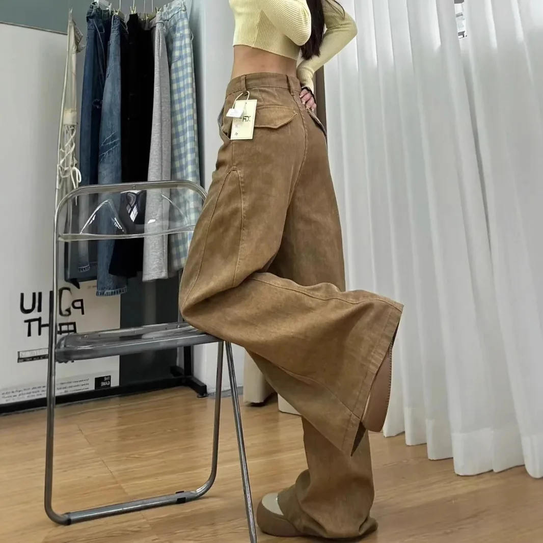 

Jeans Wide Leg Pants Women Mom Denim Floor Length High Waist Distressed Y2k Pockets Vintage Streetwear Punk Loose Trousers