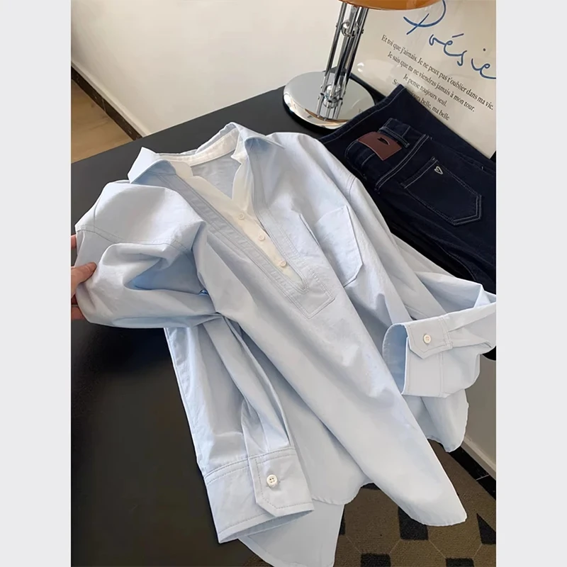 

New Lazy Sle Blue V-Ne irt Women's Spring Loose Fit Lightweight Maturi Simple Sle Top Relaxing Feeling Fake Two-Piece