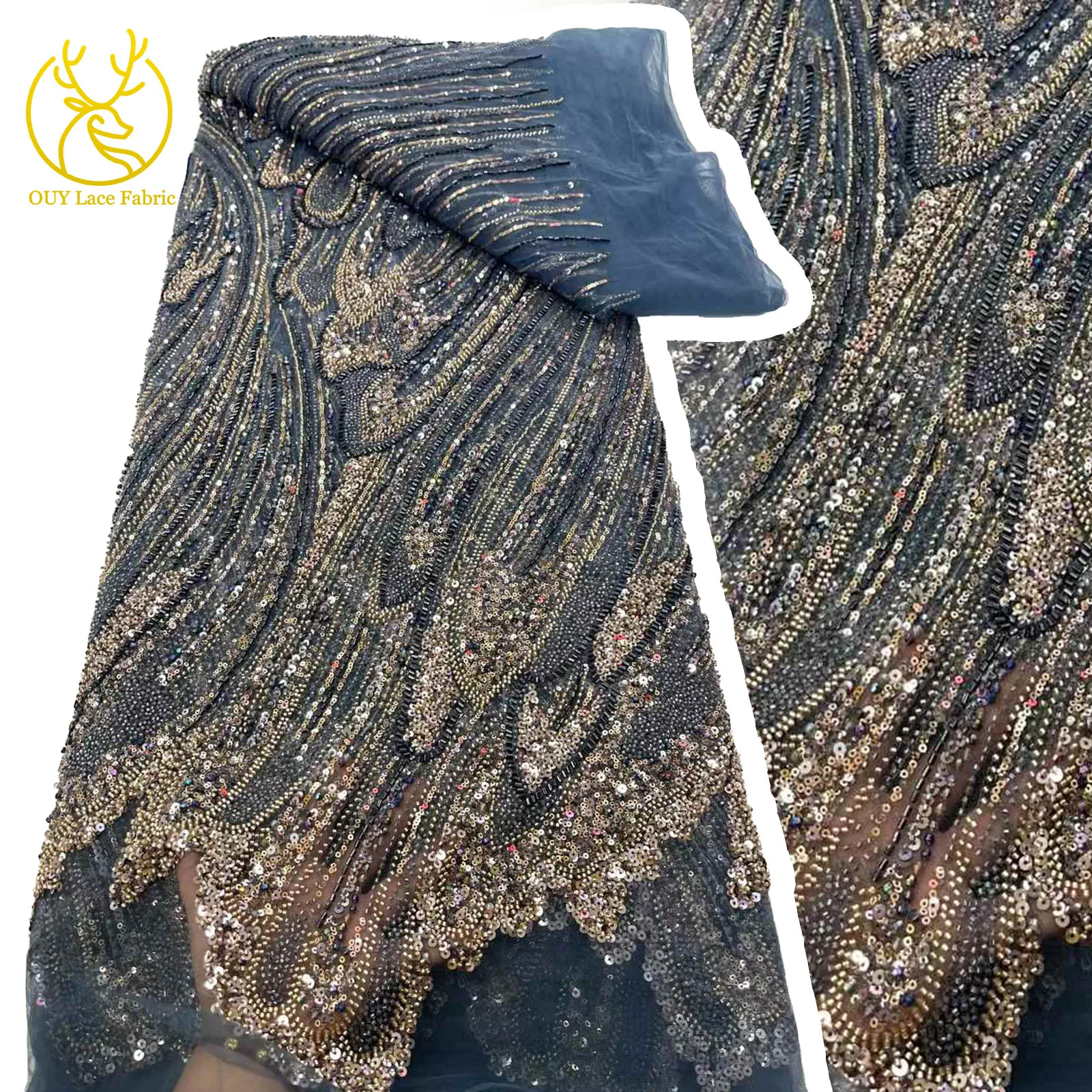 

Luxury African Beaded Lace Fabric 2025 High Quality French Sequins Embroidery Lace Fabric Elegant Party Dresses for Women 5Y