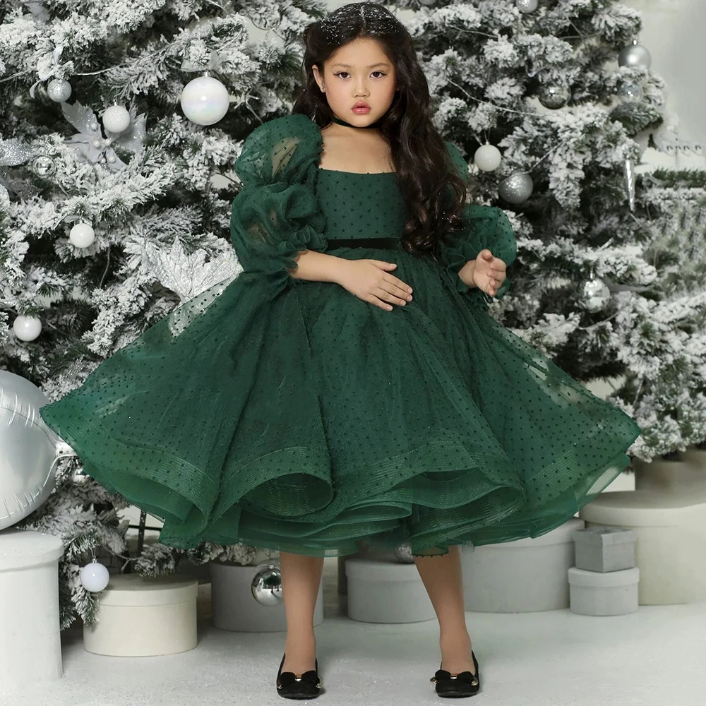 Elegant Dotted Tulle Girl's Prom Dresses Tea Length A-line Kids Evening Party Gown Dark Green Flower Girl Pageant Dress