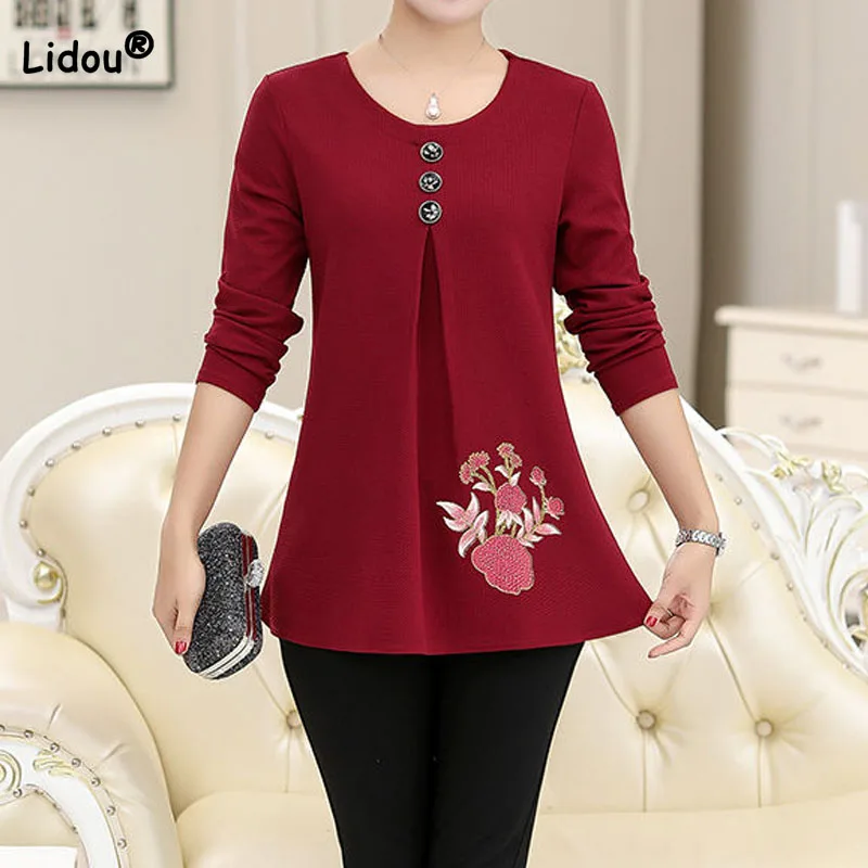 

Spring New Button Spliced Fashion Solid Color T-shirt Women's Clothing Casual Round Neck All-match Long Sleeve Embroidery Tops