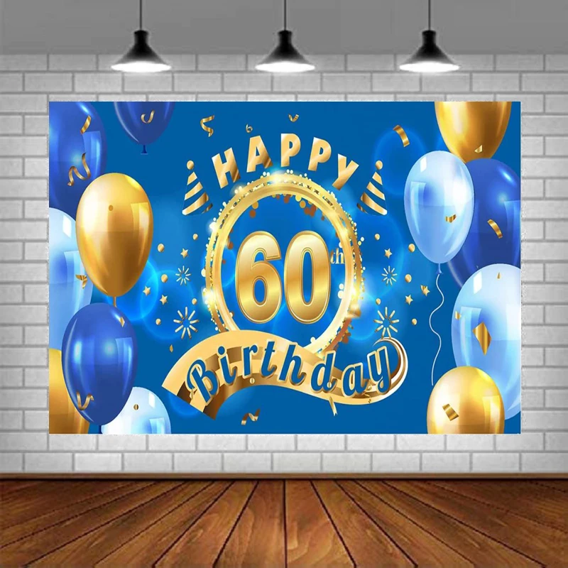 

Photography Backdrop 60th Birthday Banner Blue Cheers To Party Decorations Balloon Birthday Hat Background For Men Women