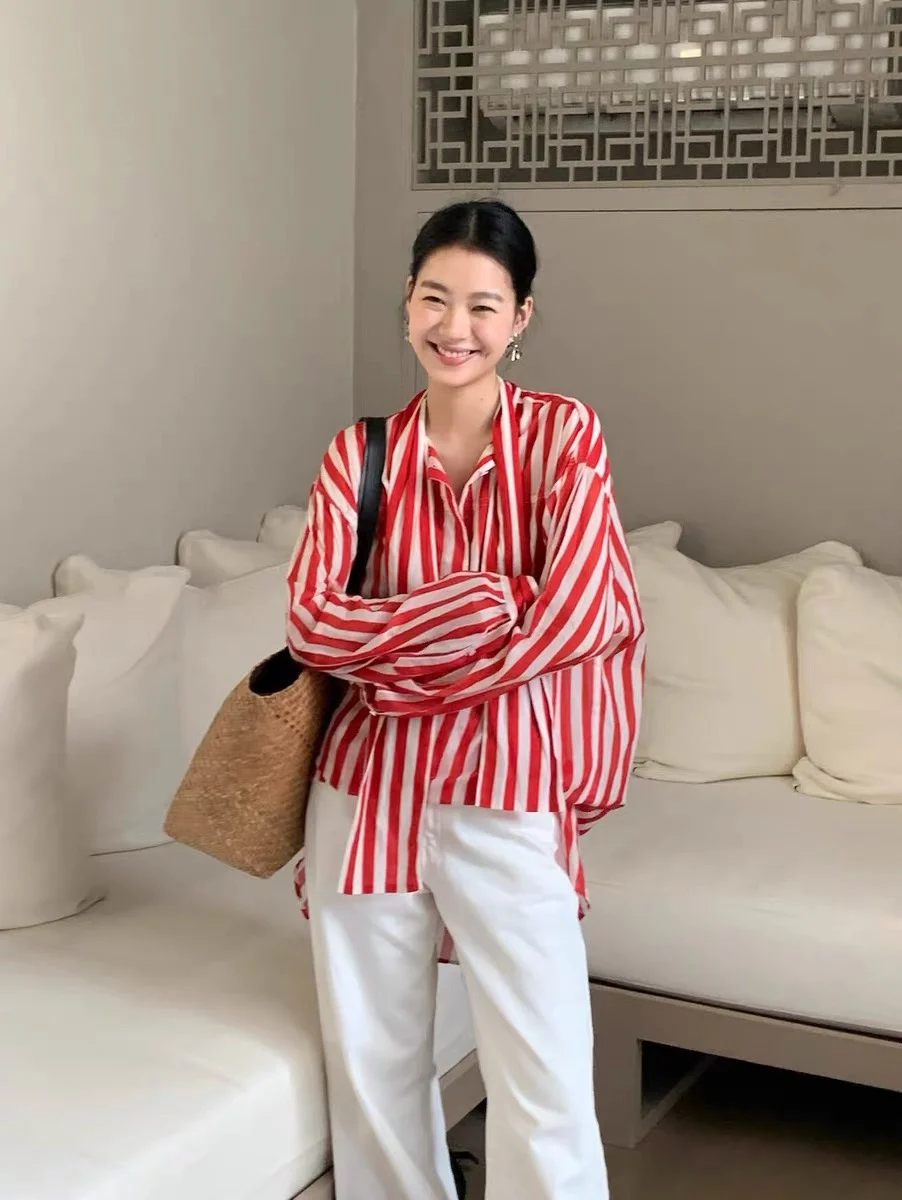 Women's summer red and white striped tie up long sleeved shirt with a lazy and loose silhouette for sun protection