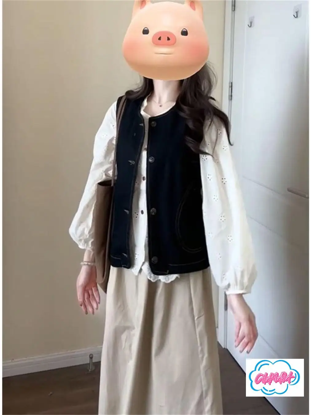 Japanese  Autumn Retro College Style Denim Vest Vest Embroidered Lace Edge Long-sleeved Shirt High Waist Elastic Skirt Student