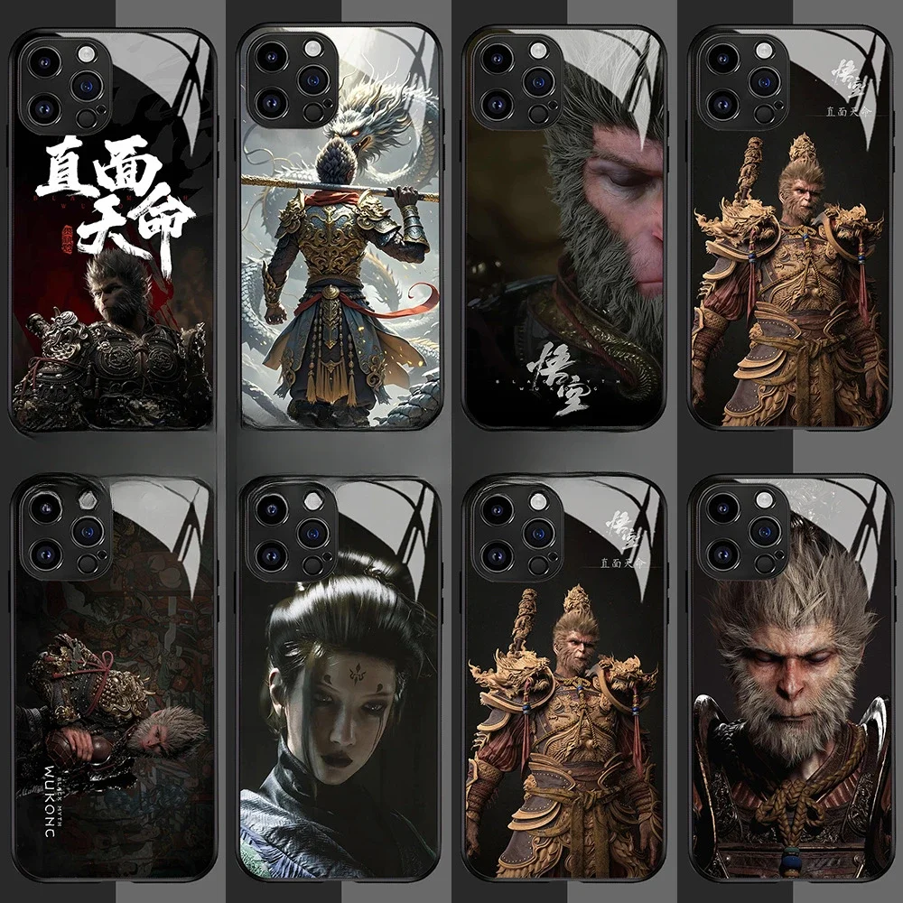 Black Myth Wukong Pattern Glass Case For iphone16/15/14/13/12/11 Pro max Phone Case Qitian Dasheng Game Monkey King:Hero Is Back