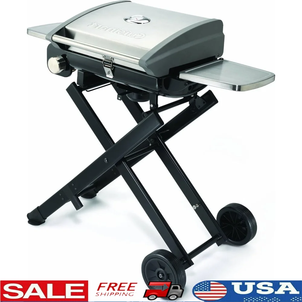 

Portable Gas Grill with Folding Stainless Steel Shelves Ideal Camping BBQ Tailgating Easy Setup Compact Design 15000 BTU