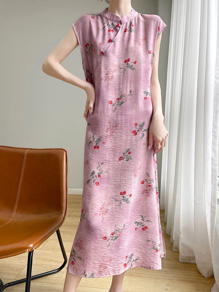 Novo chinês sle reformado dr feminino verão fino cetim impressão saia longa efeito de emagrecimento sob cerejeira