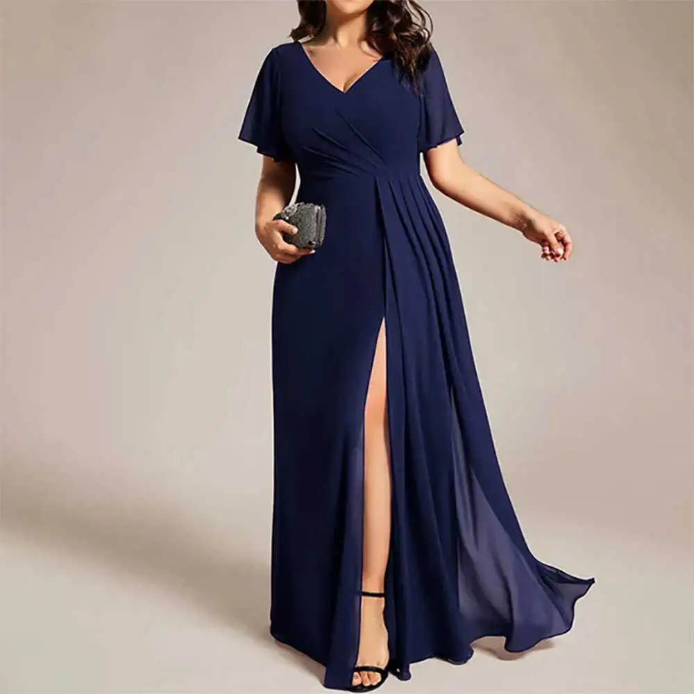 

2025 New Arrival Mother of The Bride Dress V Neck Short Sleeve Pleated Chiffon Side Split Elegant Mother Dress For Wedding Party