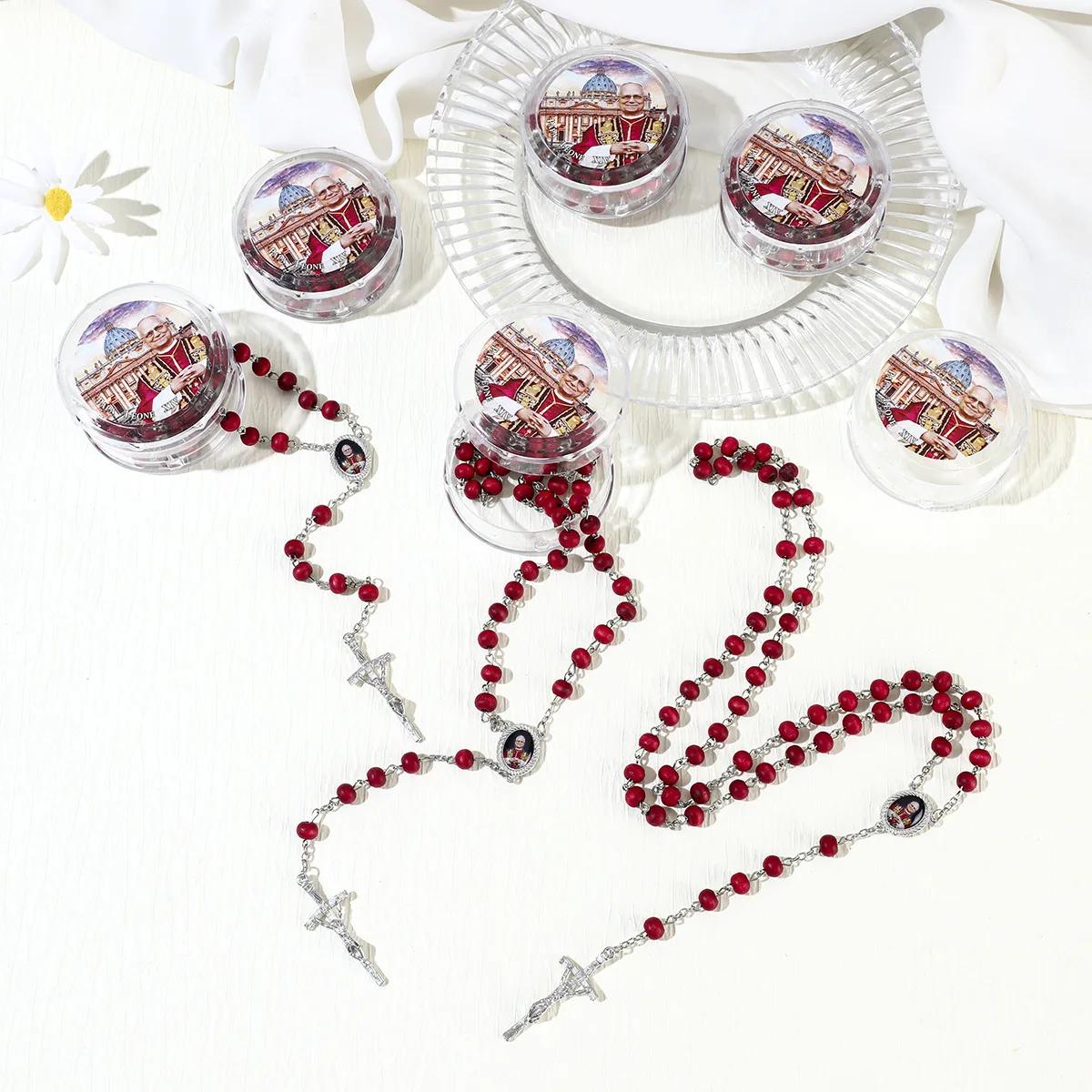 6/12/20/60 Sets Papst-Franziskus-Rosenkranz-Geschenke, rote Perlen, katholischer Rosenkranz mit Papst-Box für Taufe und Gebet – Detail 1