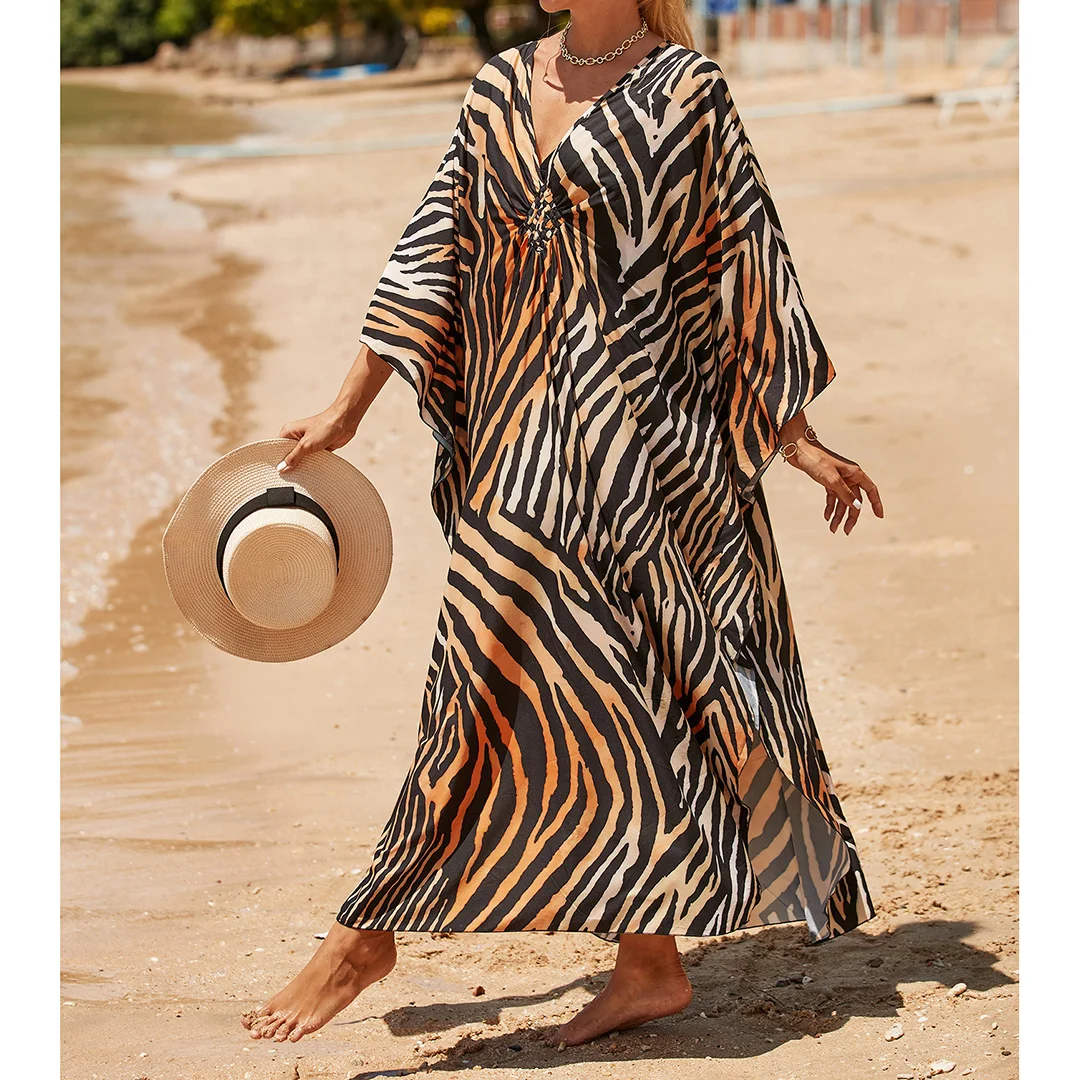 Sexy Tunika mit Zebra-Muster und V-Ausschnitt, Strandkleid, Strandmode, langes Strandkleid für Damen, V4159 – Detail 23