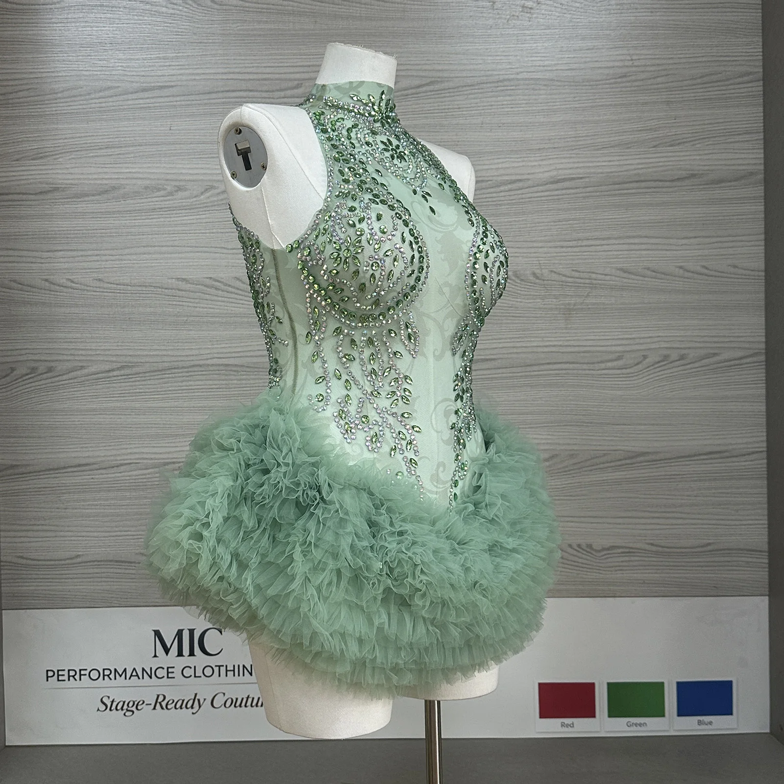 Performance Rhinestone Green Crystal Bodysuit Women Halter Sheer Mesh Tulle Layered Ruffle Stage Dance Costume