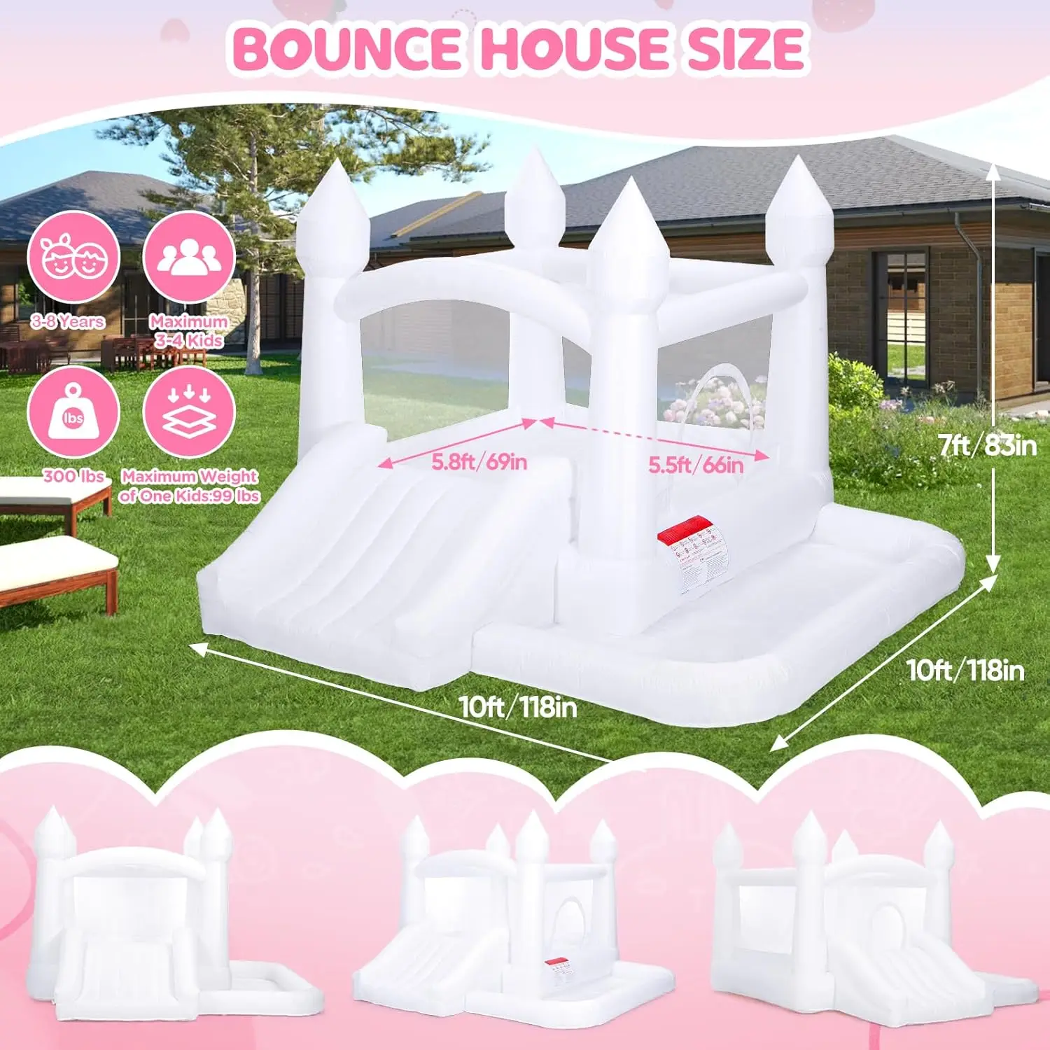 Casa de rebote blanca, castillo inflable con tobogán, soplador de aire, pozo de bolas, castillo inflable para fiesta de cumpleaños interior y exterior