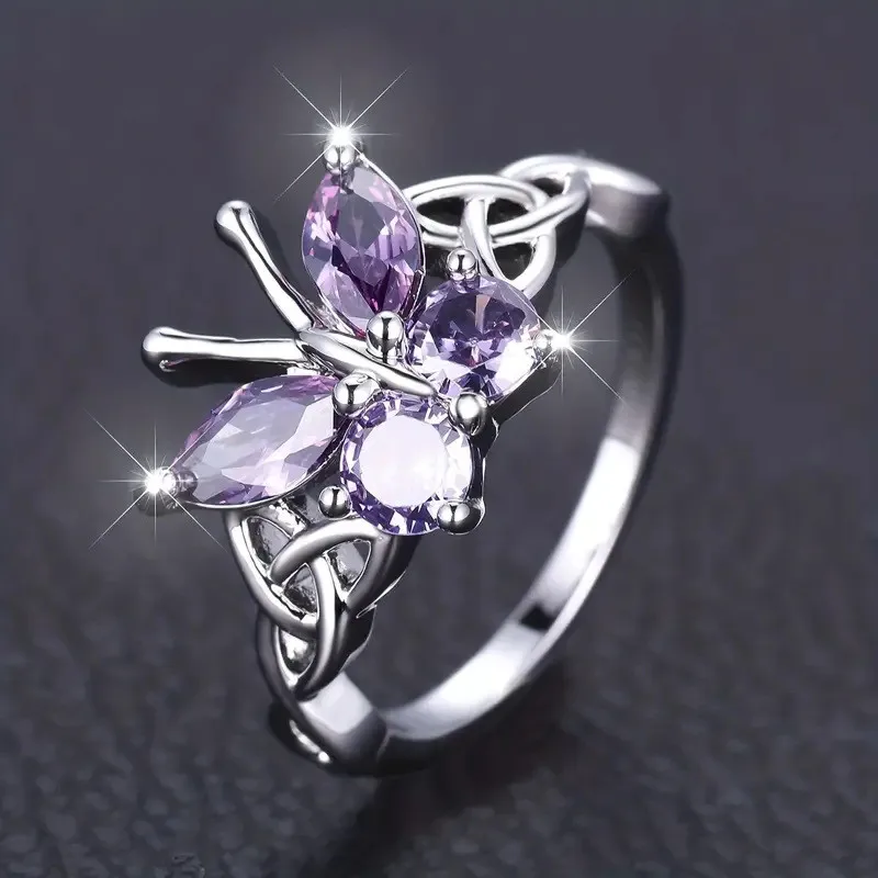 925 Sterling Silver Butterfly Finger Rings for Women Charming Purple Zirconia Jewelry Chic Aesthetic Accessories