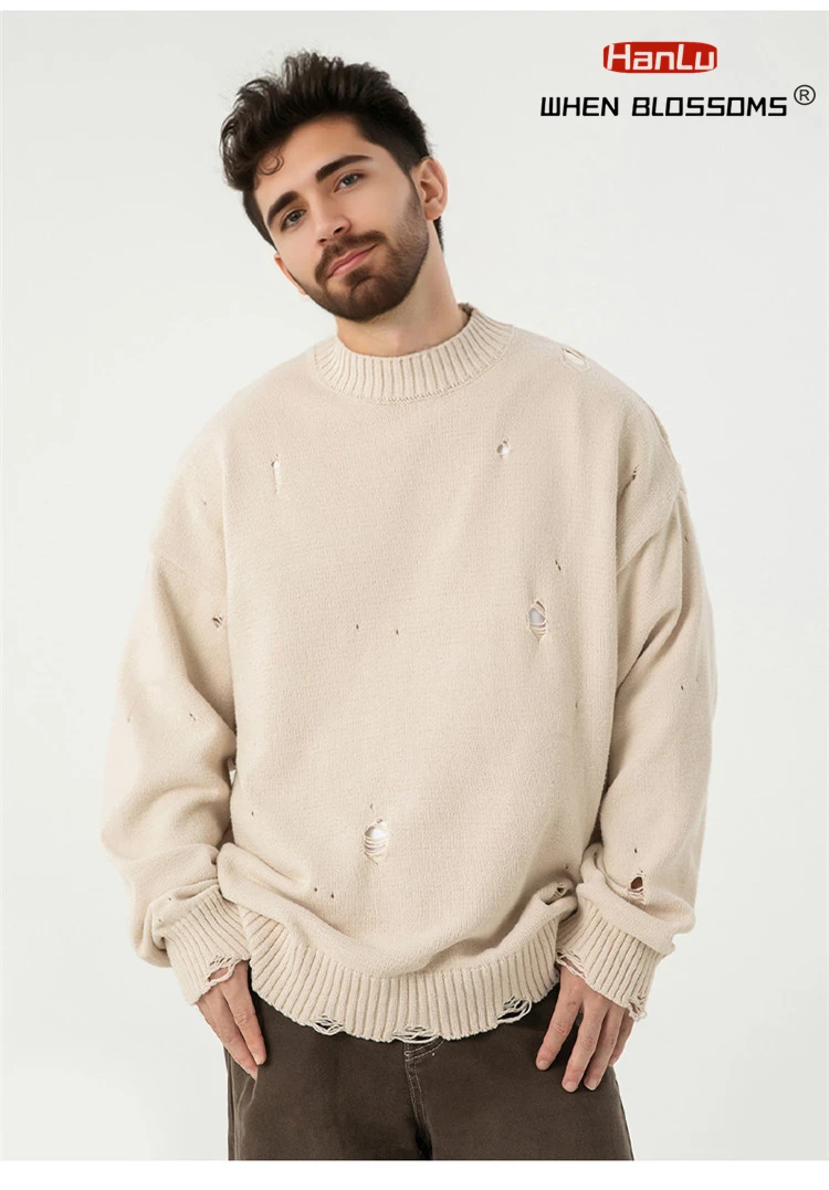 HANLU 2025 Spring Fashion New Vintage Loose Hole Breaking Design Sweaters Solid Knitted Jumper Men  Hip Hop Oversized Pullover