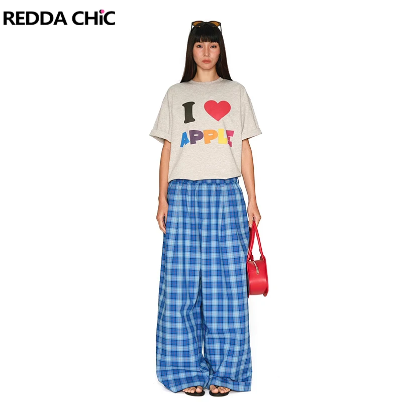 REDDACHiC Women Wide Leg Gingham Pants with Pockets Plaid Loose Casual Straight Pleated Elastic Waist Trousers Retro Y2k Bottoms