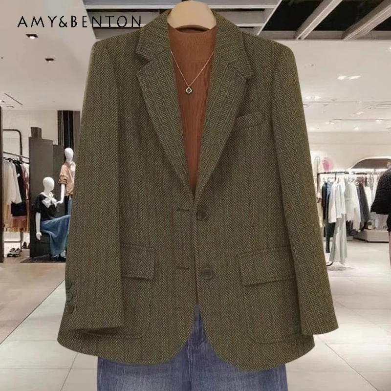 

2025 Autumn Winter New Herringbone Pattern Women's Jackets Retro Design Loose High-end Elegant Versatile Wool Coat Suit Ladies
