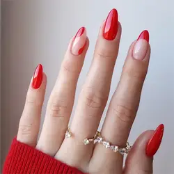 Fashion Popular 24Pcs/Set Women Girls Medium Almond Red French Geometric Stripes Wearable Fake Nail Press on Nail Art