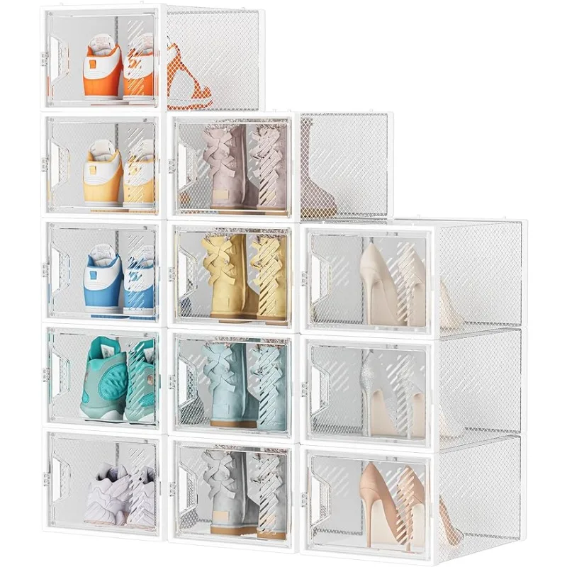 Storage, 12 Pack Large Organizer for Closet, Shoe Boxes Clear Plastic Stackable Shoe Storage Boxes for Size 13