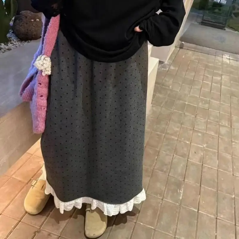 Gonna da donna Autunno e Inverno Gonna a pois in pizzo Donna 2025 Inverno Nuovo stile Gonna dritta in lana ispessita vintage in pile