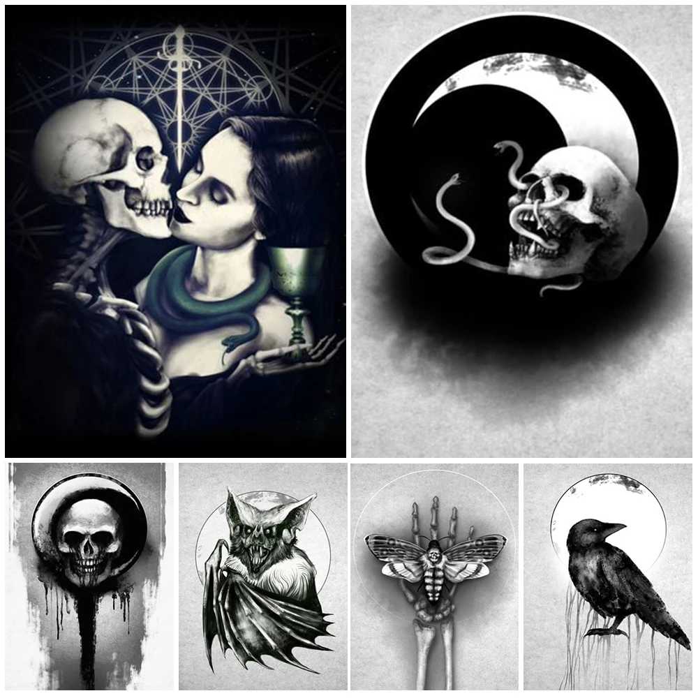 

Skulls Lover And Crows Poster Butterfly Wall Art Canvas Painting Retro Moon Witchcraft Posters Prints Home Decoration Unframed