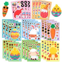 8/16Sheets Easter Puzzle Stickers Cute Rabbit Eggs Make a Face DIY Assemble Decals Jigsaw Toys 2025 Easter Party Kids Gift Game
