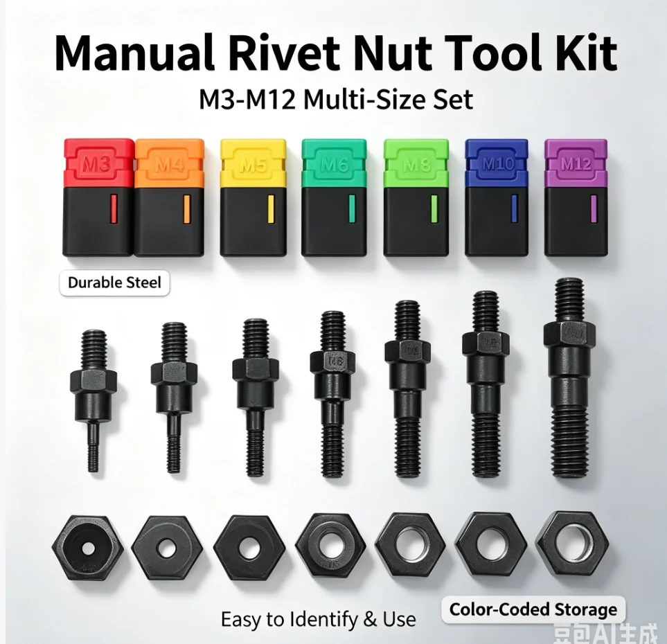 

M3-M12 Rivet Nuts Rivetnut Flat Head Insert Nut Rivet Nut Tool Manual Mandrels Metric Threaded Nutsert Bolt Kit