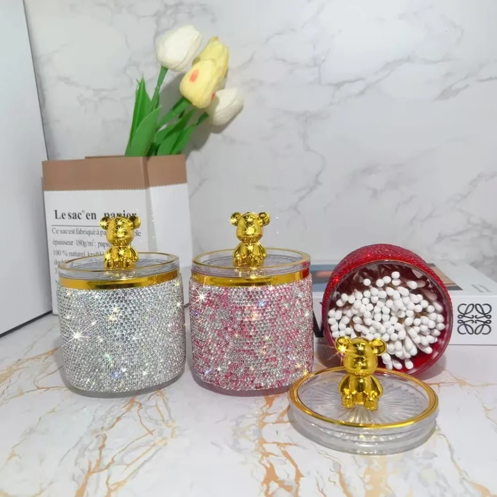 Sparkling Diamond Toothpick Box With Bear Lid Cotton Swab Storage Case Storing Cotton Swabs Dental Floss Toothpick Jar Organizer