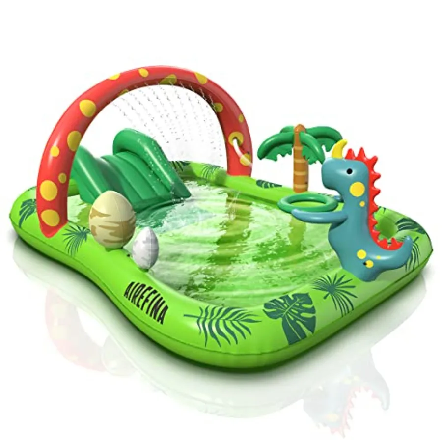 Inflatable Pool for Backyard Garden Water Park Dino Planet Theme Ultra Thick PVC Blue/Green Includes Water Slide Ball Hoop 97x7