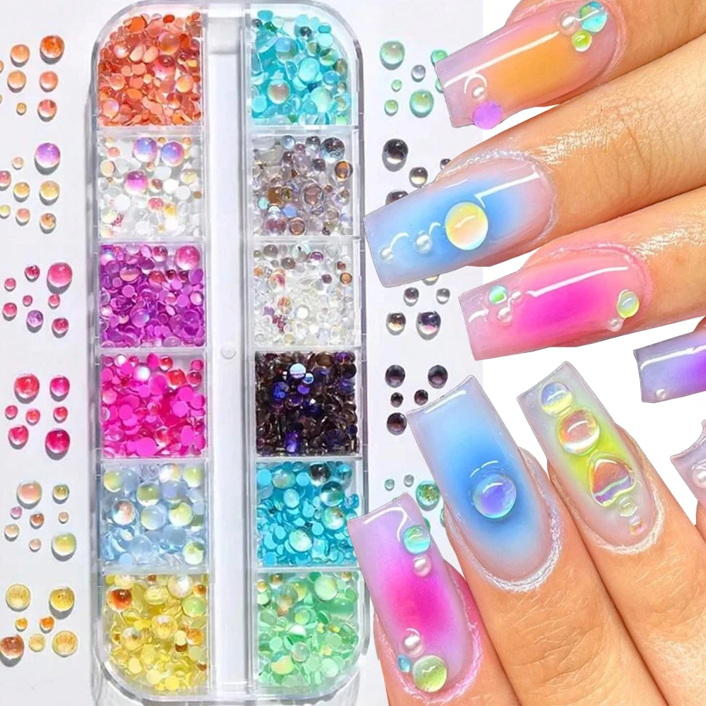 

12Grids Crystal Teardrop Nail Art Decorations 3D Mermaid Round Beads Nail Charms Mixed Acrylic Macaron Bubble DIY Nail Decoratio