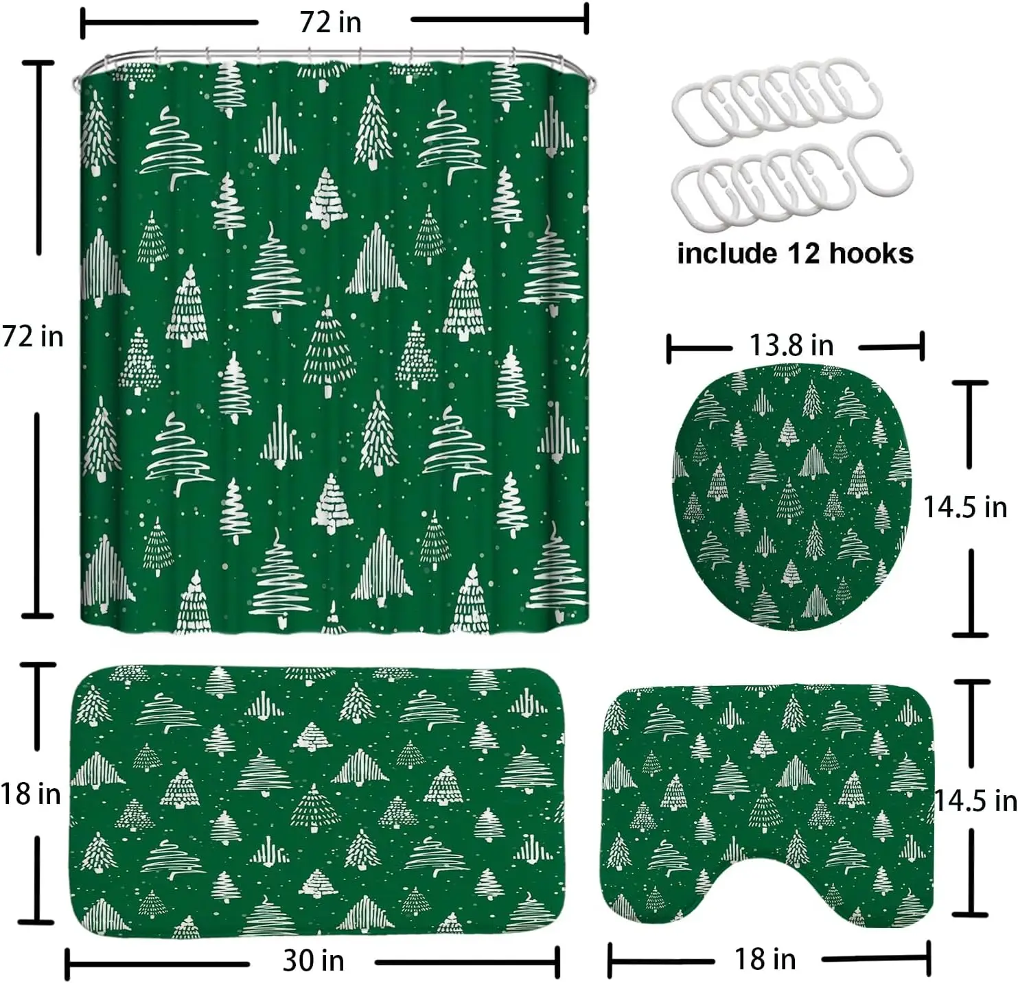 4 Pcs Green Background Christmas Shower Curtain Set, Xmas Shower Curtain Set with Non-Slip Rugs, White and Green Standard Fabric