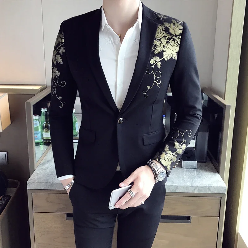 2022 New Men\'s Fashion Gold Print Groom Wedding Dress Suits Jackets Male Casual Blazer / Mens High-end Brand Blazer ( 1 Piece )