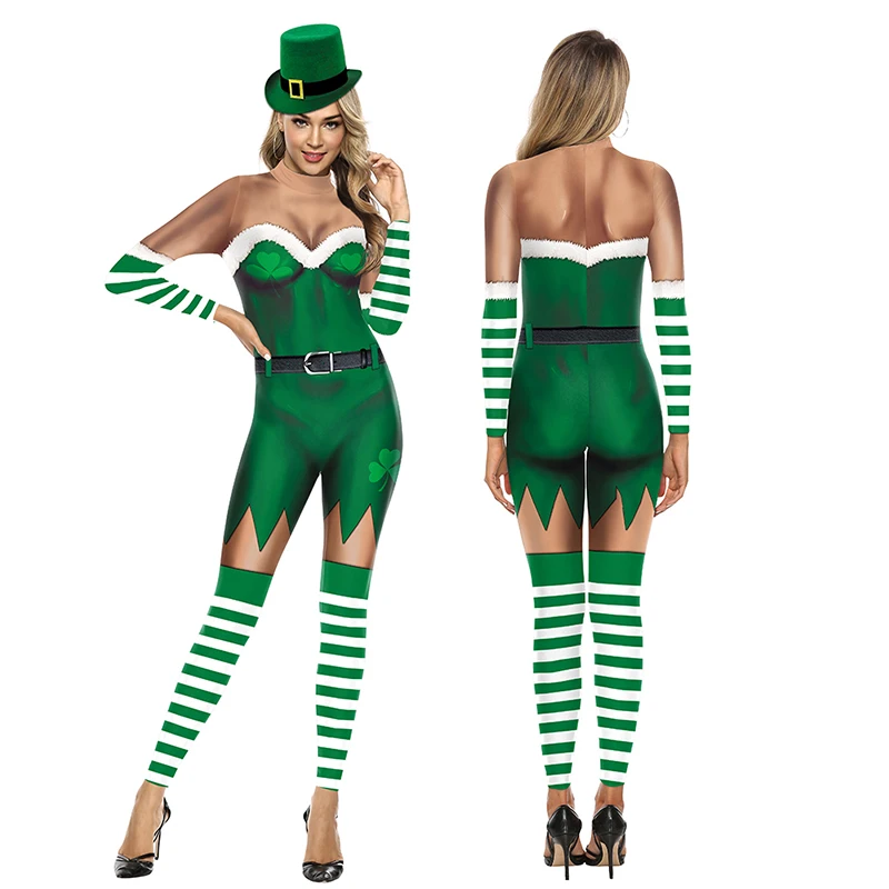 St Patrick's Day Jumpsuit Green Cosplay Costume Zentai Halloween Bodysuits Holiday Catsuit Festival Outfit for Woman Clothing