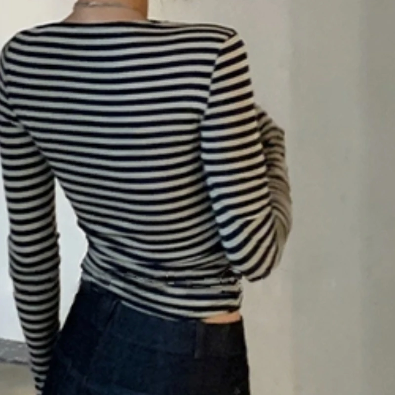 

Contrast Color Striped Oblique Collar Straight Shoulder Long Sleeve T-shirt Women's Autumn Korean Style Casual Versatile Top