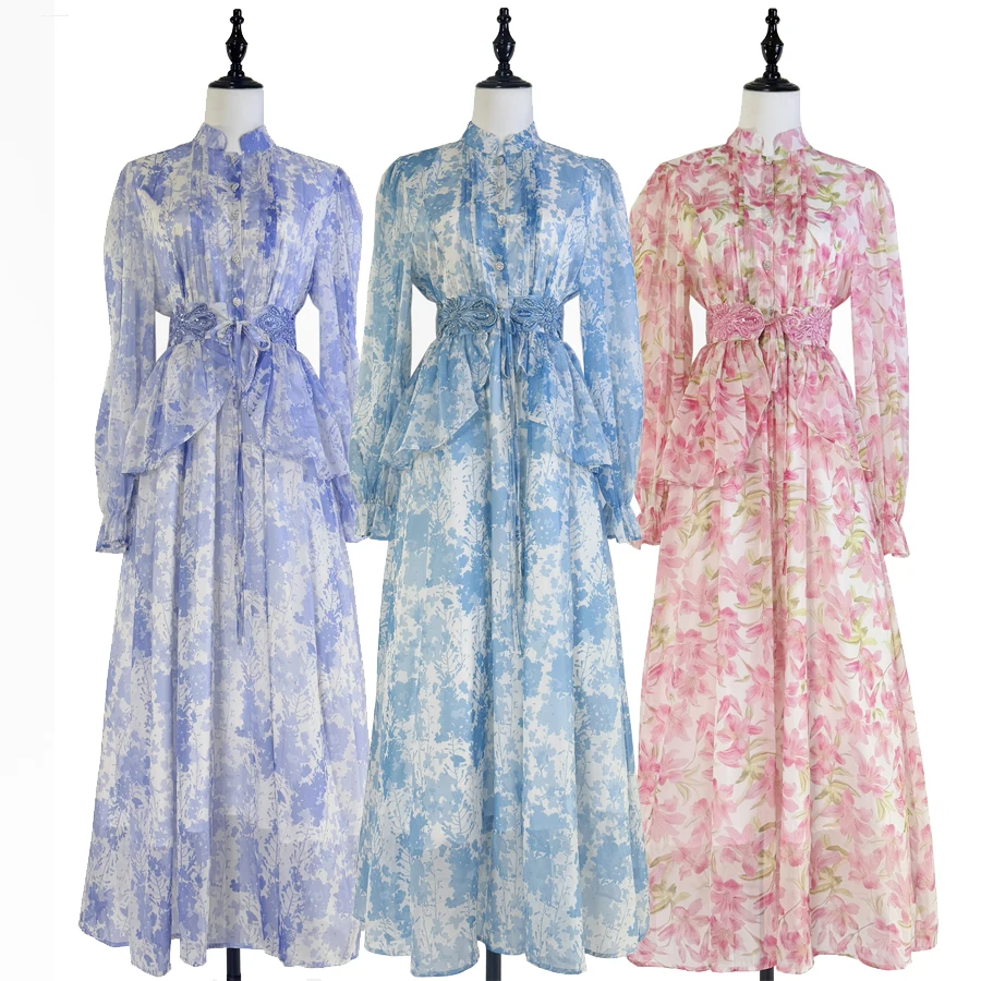 Nuovo Design Autunnale 2026: Abito Stampato con Cintura e Orlo Decorato con Perline, Modello Snellente in Poliestere, Maniche Lunghe, Collo Alto, Stile Francese, Ideale per il Lavoro