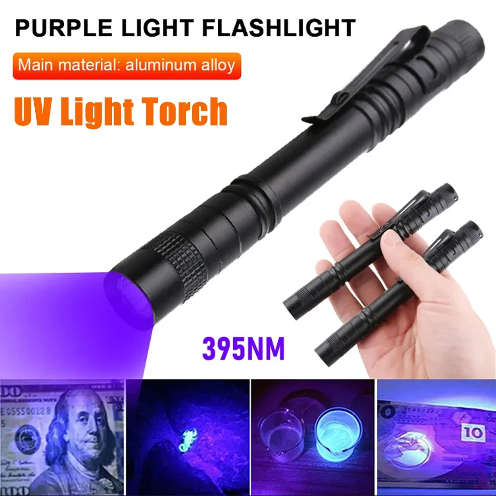 Mini linterna UV, luz negra ultravioleta con Clip para bolígrafo, linterna de bolsillo portátil, linterna para acampar, Detector de manchas de orina