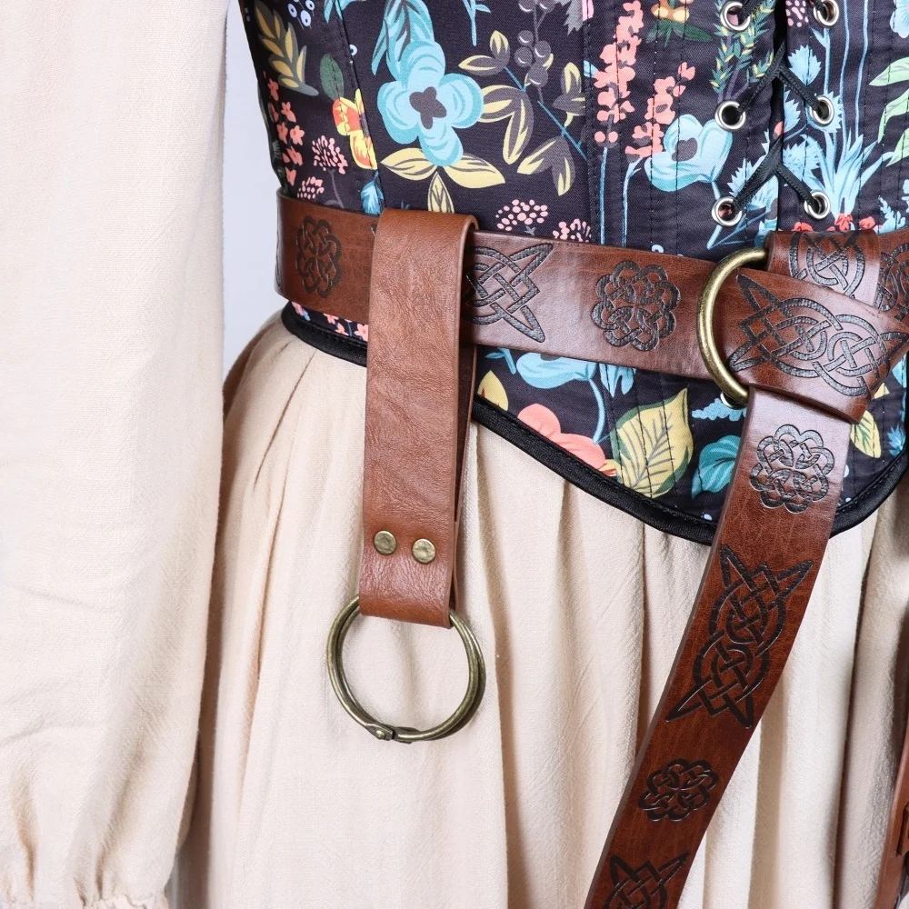 Medieval Celtic Embossed Belt With Triple Glass Bottle Holster & Skirt Ring, Alchemist Waist Harness, Viking Retro Waist Accesso