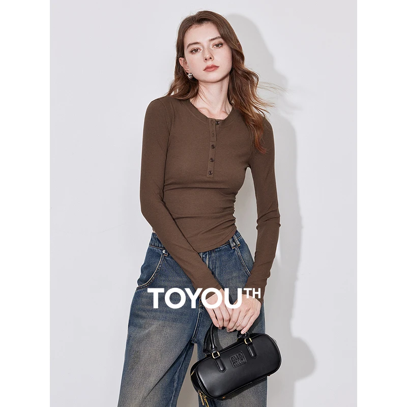 TOYOUTH Women Long Sleeve T-shirt 2024 Autumn and Winter New Slim Waist Round Neck Warm Bottoming Pullover Short Tops