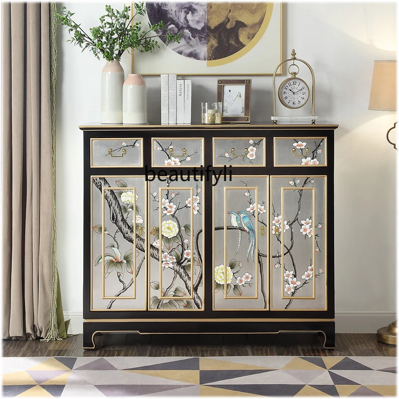 Chinese Painted Home Entrance Cabinet Hand Painted Shoe Cabinet Paillette Guest Hall Partition Storage Side Cabinet