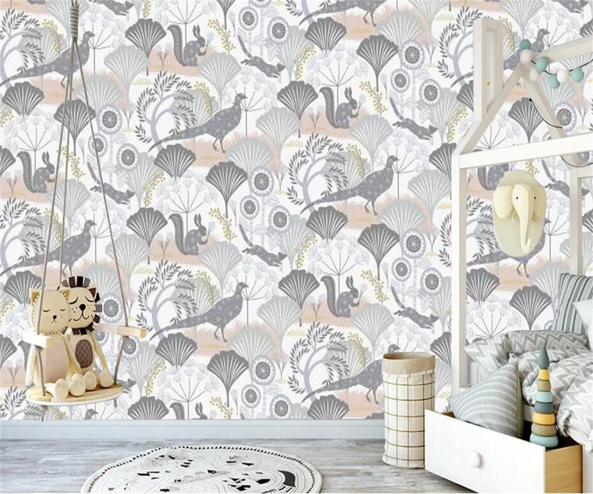 customized high-end mural tropical jungle Butterfly Rabbit Tree bird cartoon wallpaper children's room home decoration wallpaper